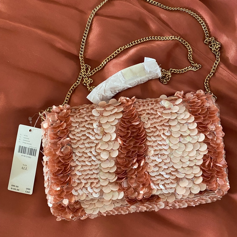 Anthropologie Pink and Rose Gold Sequin Clutch with Chain